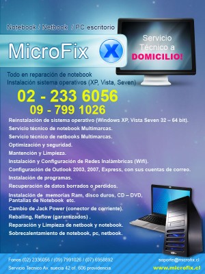 Microfix Chile Anuncios de Computación en Lo Barnechea |  Reparación de Computación a Domicilio, Notebook, Netbook y PC, Servicio Técnico de Computación a Domicilio, Redes, Notebook y PC